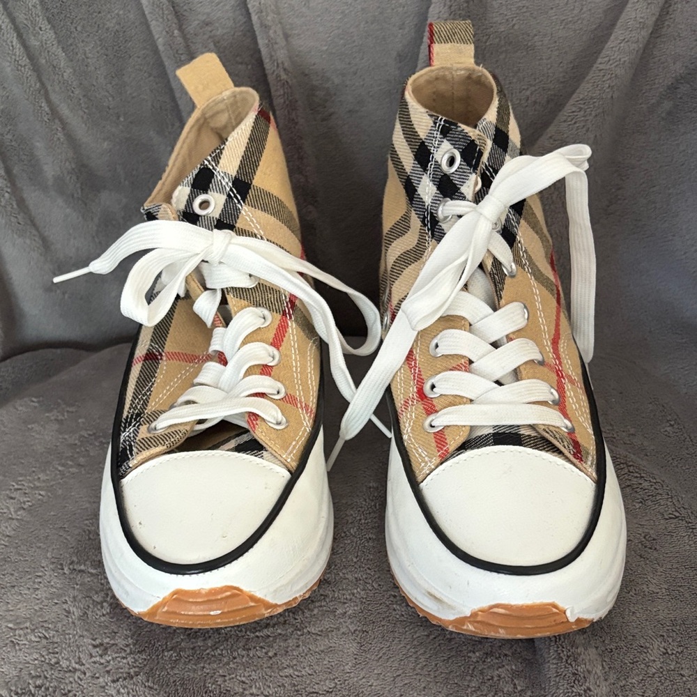 Plaid High-Top Sneakers with White Laces